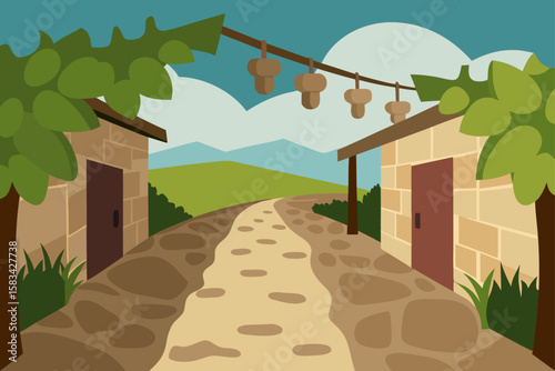 A charming vector illustration of a house nestled in a summer landscape of trees and mountains under a clear sky