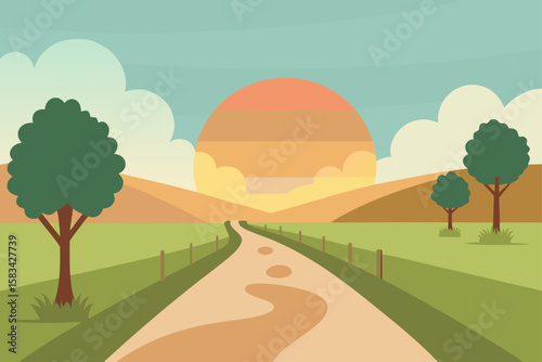 Green rural vector landscape with trees and hills under a summer sky