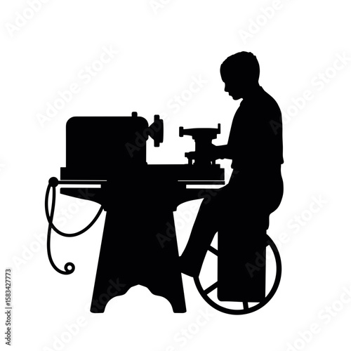 Machinist silhouette working at lathe machine on white background