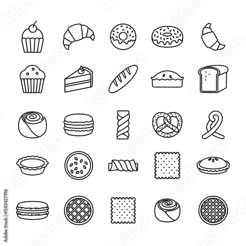Black and White Line Art Bakery Food Icons Collection