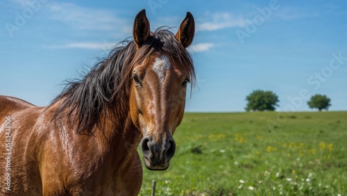 Content horse headshot in grassy outdoors