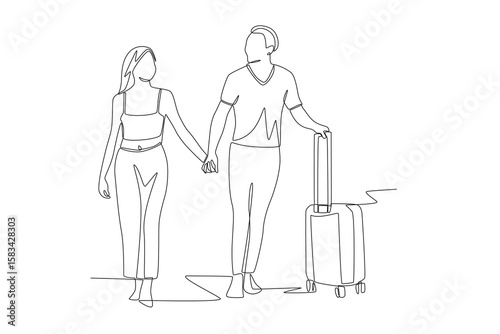Romantic couple going on vacation. Romantic trips concept one-line drawing