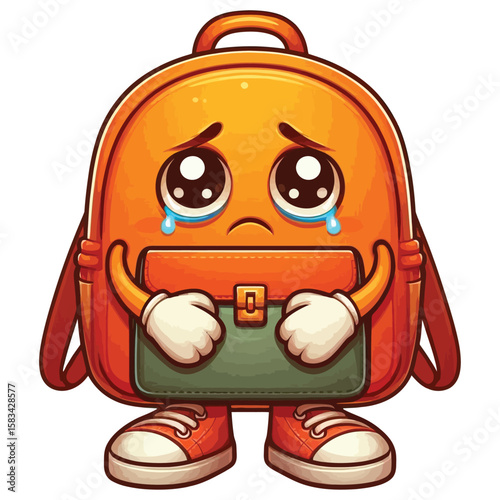 Sad Orange Backpack Cartoon Character Illustration vector isolated on white background