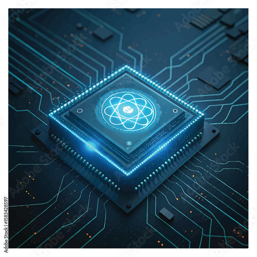 Technology quantum blue portal on circuit motherboard with thin line glowing wires. Tech background. Ai chip concept. Abstract light neon square frame .