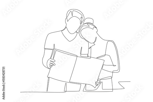 Romantic couple looking at map while on vacation. Romantic trips concept one-line drawing
