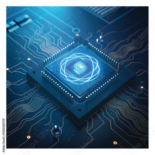 Technology quantum blue portal on circuit motherboard with thin line glowing wires. Tech background. Ai chip concept. Abstract light neon square frame .