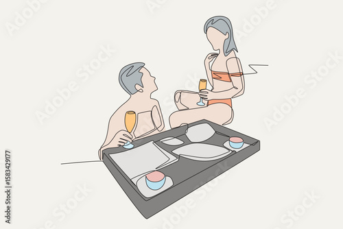 Colored romantic couple having breakfast at the swimming pool during holiday. Romantic trips concept one-line drawing