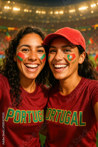 Portugal women fans smiling with face paint at stadium

