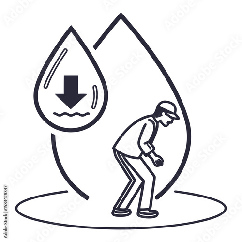 Person experiencing low blood pressure, medical illustration, monochrome graphic design, for health websites