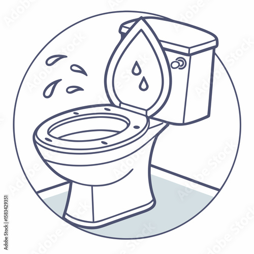 Leaky toilet illustration, in blue, for plumbing repair guides