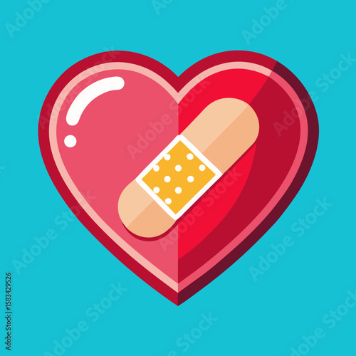 Healing heart with bandage, red and pink graphic illustration, for wellbeing and self care