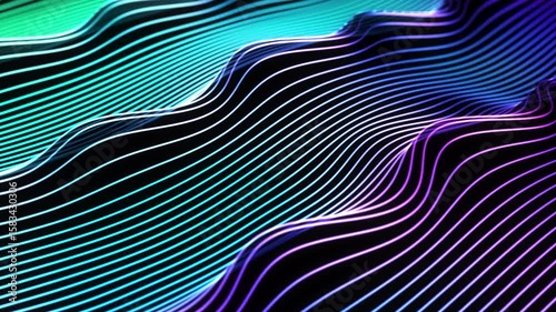 Crest of wave flowing across plane of bright glowing lines. Abstract concept of artificial intelligence, big data analysis or digital sound. Sound wave in virtual space, black background, looped video