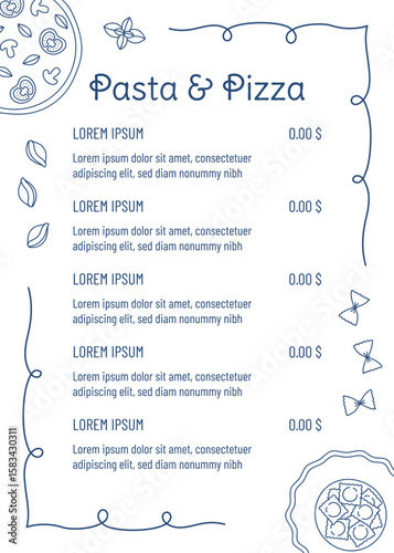 Pasta and pizza menu template with hand drawn outline food. Perfect for cafe flyer, restaurant brochure, delivery booklet