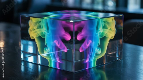 Watch mesmerizing colorful ink swirl inside transparent cubes in this slow-motion fluid art video, showcasing vibrant hues and dynamic shapes.