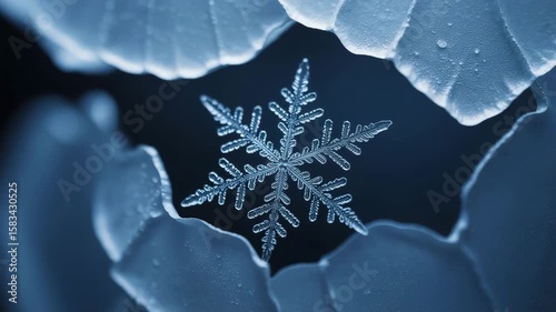 Experience the delicate structure of a snowflake as it rests on a smooth icy surface in this high-definition macro animation.