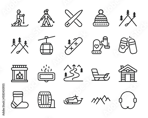 Ski Resort Vector Icon Set - Skiing, Snowboarding, Mountain, Lift, Cabin, Fireplace, Hot Tub, Mittens, Sled, Snowmobile, Coat, Slope - Adjustable Line Weight