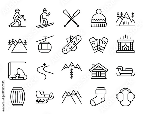 Ski Resort Vector Icon Set – Skiing, Snowboarding, Mountain, Ski Lift, Cabin, Fireplace, Hot Tub, Mittens, Snowmobile, Winter Gear and Slope Icons in Outline Style
