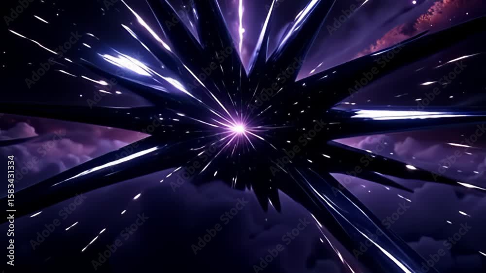 Amidst a backdrop of swirling cosmic purples and deep blacks, the scene erupts as exploding shards from noise hazy abstract starburst geometry break apart; shards reflect the starlight,