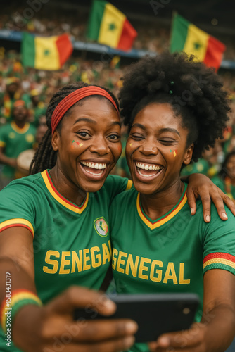 Two Women in Senegal Jerseys Celebrate Soccer

