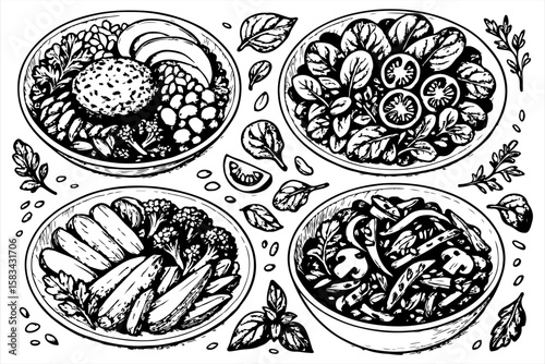Detailed black and white illustration of various healthy food bowls.