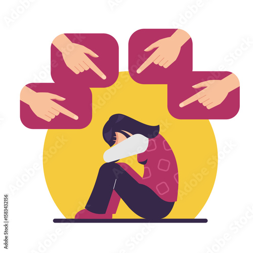 Human fingers pointing at crying girl, flat vector illustration. Social pressure, verbal bullying concept.