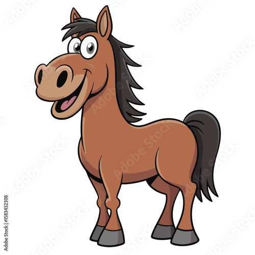 Brown cartoon horse vector illustration, a cute running pony or stallion with flowing mane and tail, isolated on white