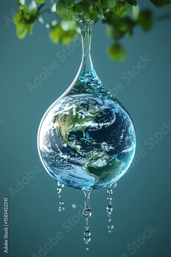 World Water Day, symbolic water droplet shaped planet Earth, clear water flowing, global environmental protection, bluegreen hues, conservation message, digital concept art