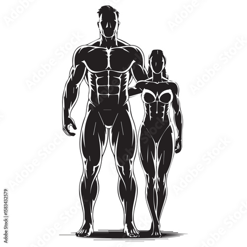 A muscular man and woman stand together, showcasing their physique, isolated on white background