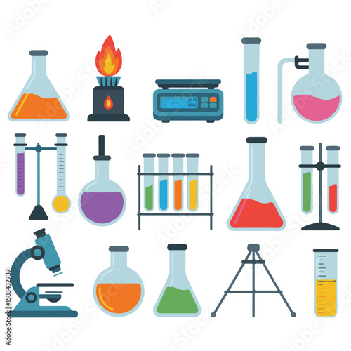 A comprehensive collection of laboratory equipment, glassware, and science icons for chemical and medical research experiments