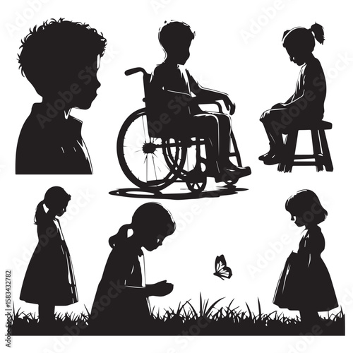 A collection of children silhouettes, including a child in a wheelchair, expressing diverse emotions
