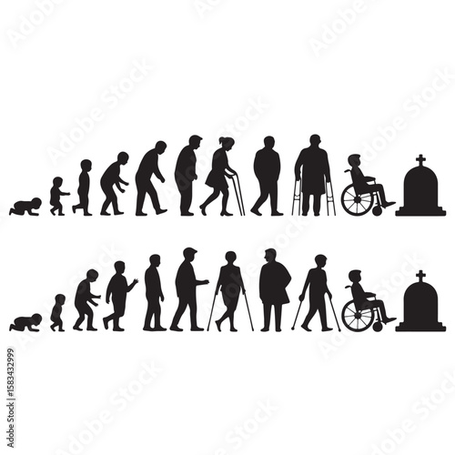 Vector silhouettes of diverse  people and families in various poses, walking and working in a crowd born to death