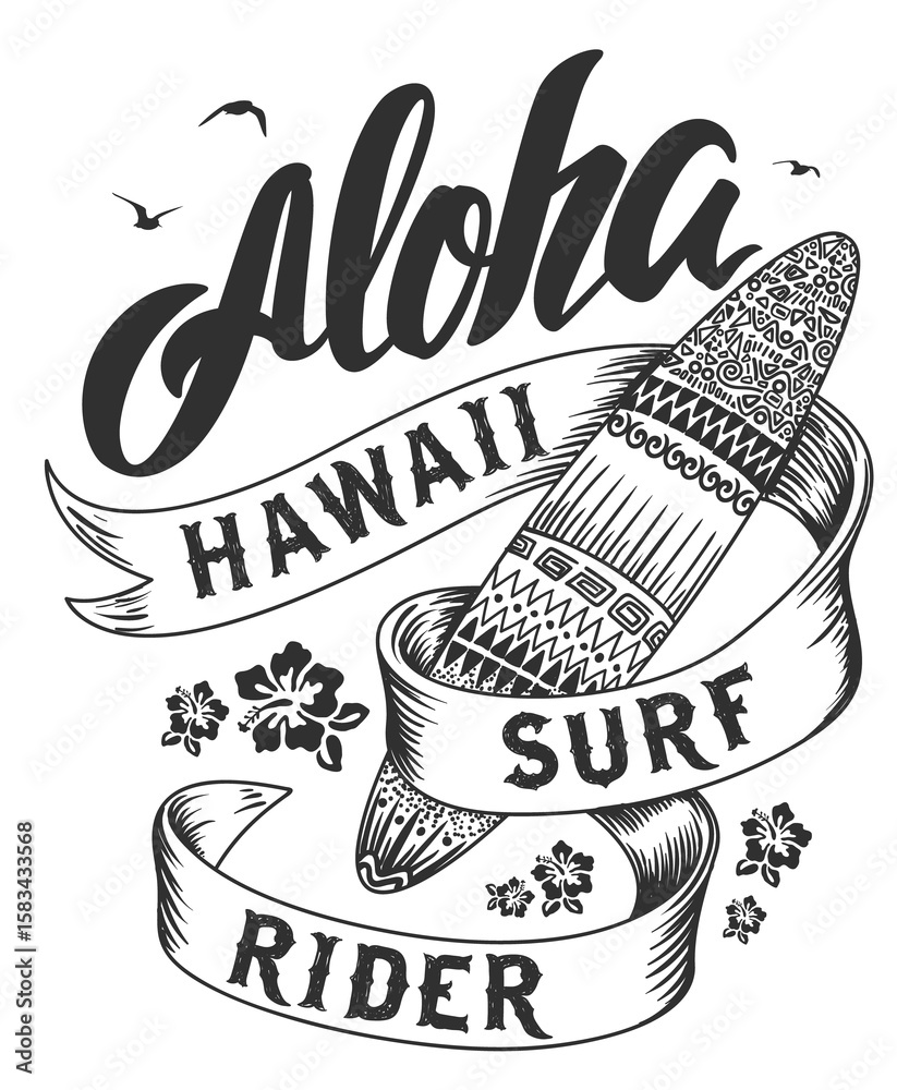 Fototapeta premium Aloha typography with surfboard illustration for t-shirt print , vector illustration.