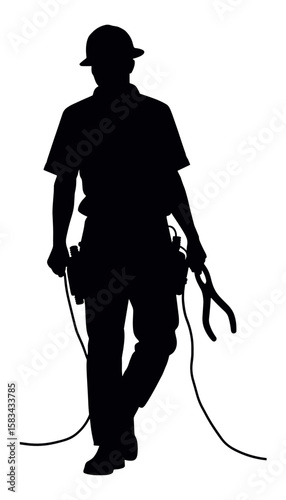 Construction worker silhouette with determined expression carrying tools on white background 