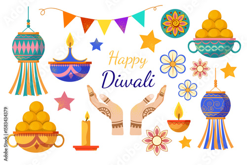 Traditional Indian festival of lights Diwali. Set of attributes for festive decor. Vector illustration of oil lamp, candles lanterns and decorations. In flat style on white background.