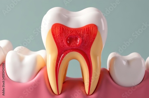gum with teeth in the section. Teeth have caries and dark spots. Dental diseases. Treatment of pulpitis. advertising of a dental clinic. medical concept.