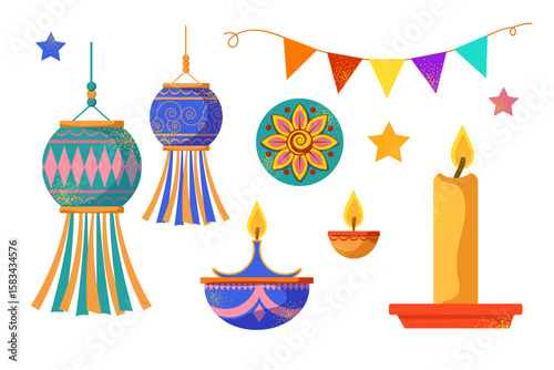 Traditional Indian festival of lights Diwali. Set of attributes for festive decor. Vector illustration of oil lamp, candles lanterns and decorations. In flat style on white background.