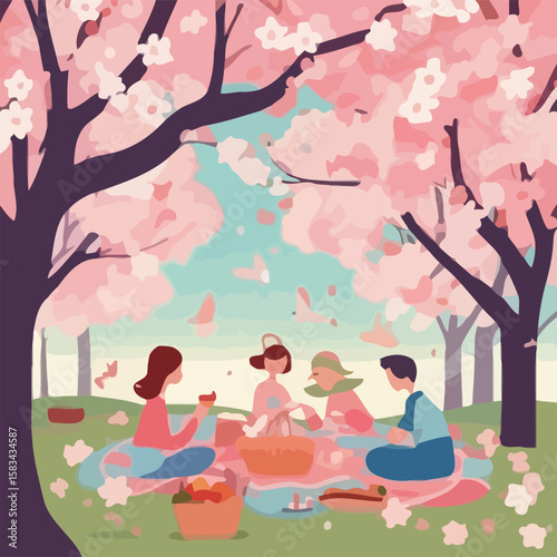 Four friends enjoy a springtime picnic under a blossoming cherry tree canopy.