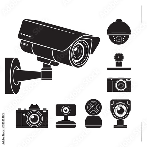 A collection of security cameras and webcams isolated on white background are displayed in a vector illustration