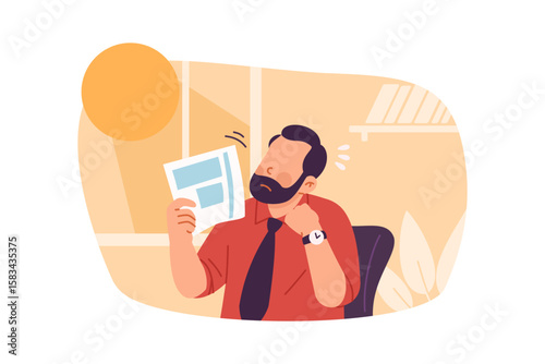Office worker struggling with summer heat indoors illustration, burnout and summer stress concept. Flat design, cartoon style, vector isolated on white background