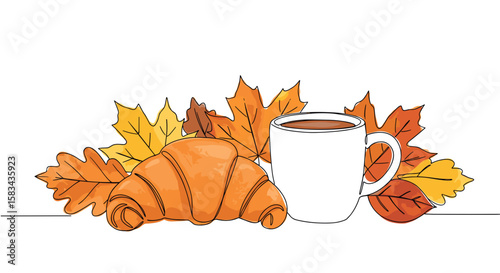 A croissant and a coffee mug in an aesthetic composition with autumn leaves, capturing the fall vibe for cafés and bakeries – one line doodle drawing with watercolor fill, minimalistic illustration