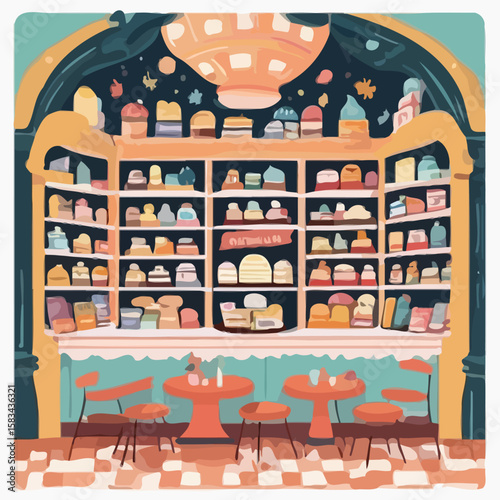 A whimsical illustrated confectionery shop, brimming with colorful treats and inviting seating.