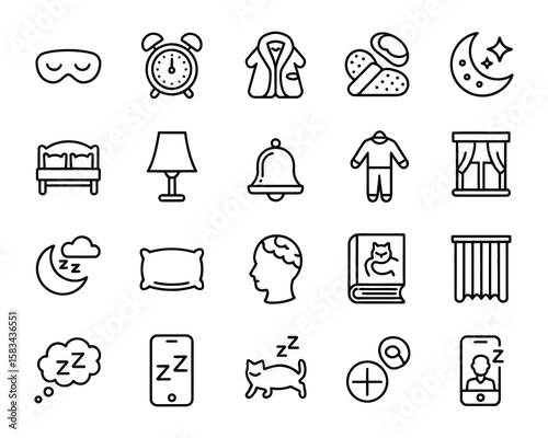 Sleep Vector Icon Set - Bedtime, Pillow, Pajamas, Alarm, Night, Dreams, Sleep Mask, Relaxation, Insomnia, Bedroom, Comfortable - Adjustable Line Weight