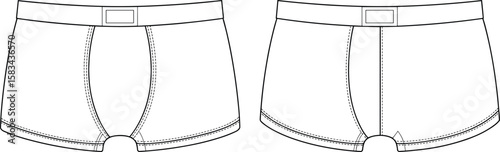 Men's boxer briefs, front and back view, fashion flat sketch, underwear design, garment template, clothing mockup, vector illustration, detailed layout