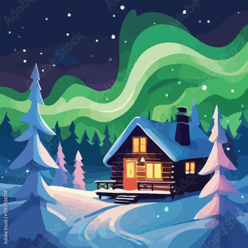 Cozy cabin glows warmly under a vibrant aurora borealis, nestled in a snowy winter forest.