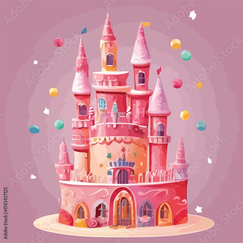A whimsical, pink fairytale castle illustration with towers, flags, and colorful candy decorations against a soft purple background.