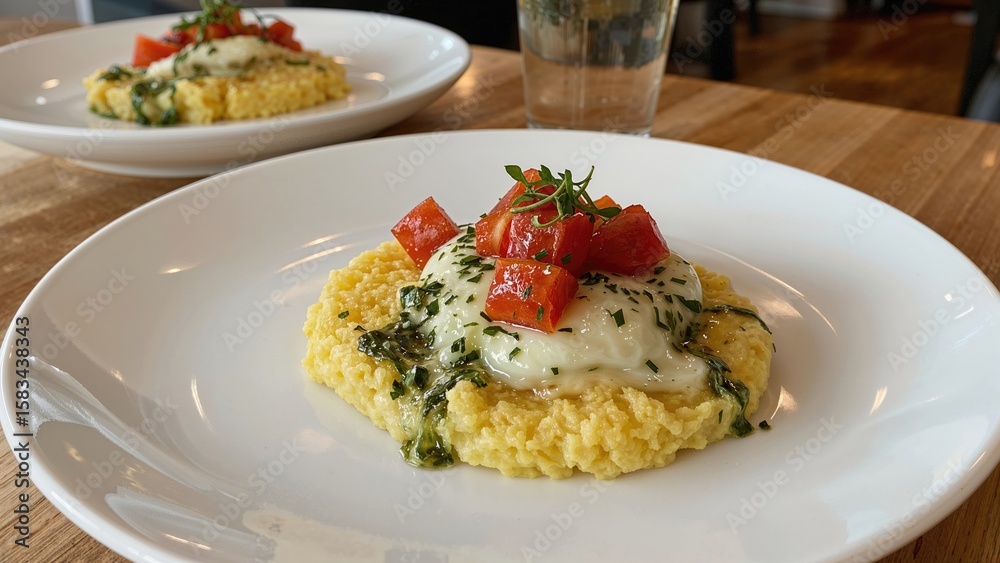 Crispy baked cornmeal base with melted mozzarella, tomato, and aromatic pesto. Savory dishes, gluten-free fare, health-conscious eating Crispy baked cornmeal base with melted mozzarella, tomato, and aromatic pesto. Savory dishes, gluten-free fare, health-conscious eating