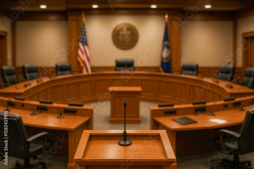 City Council Meeting Chamber With Central Podium and Semi Circular Desks for Members Displaying Flags in Blurred Background