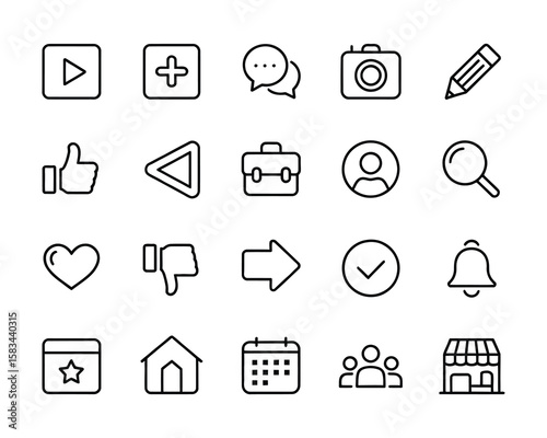 Social Media Vector Icon Set - Like, Comment, Share, Notification, Profile, Camera, Verified, Search, Chat, Followers, Messaging - Adjustable Line Weight