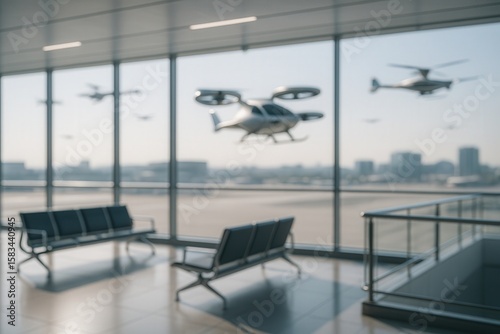 Futuristic Airport Interior with Blurred Background Featuring Innovative Flying Vehicles and Sleek Modern Design for Cutting-Edge Transportation and Technology Concepts