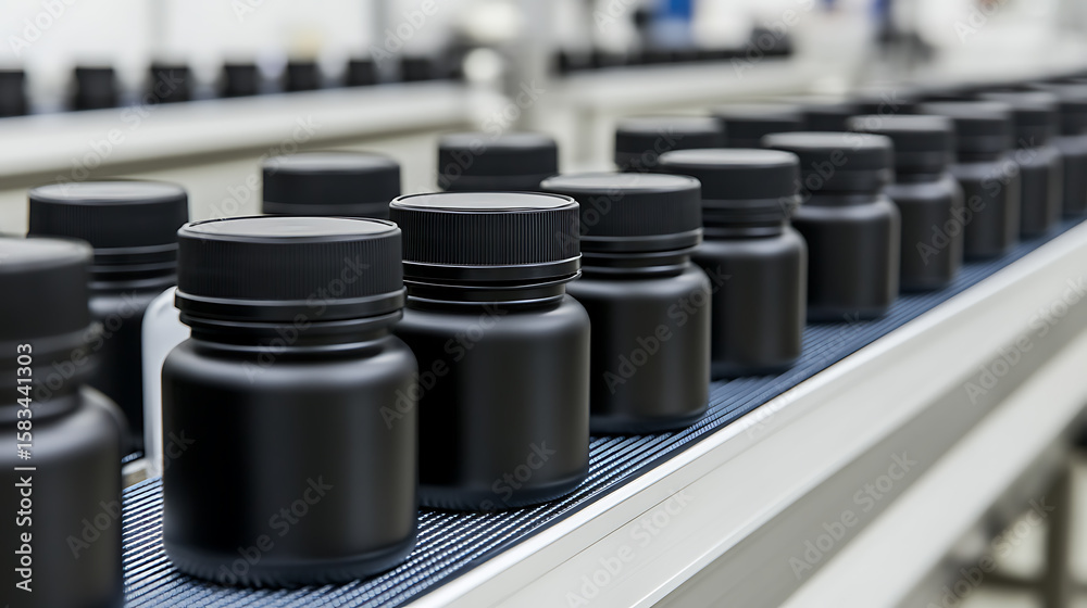 Obraz premium Black bottles aligned on a production line conveyor belt moving forward. Illustrates manufacturing processes and industrial automation.